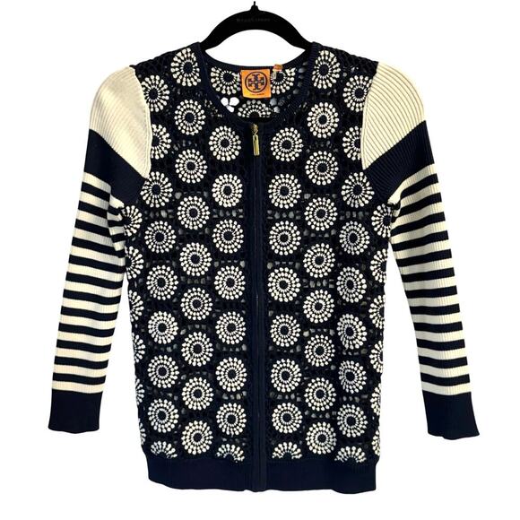 Tory Burch Sweaters - Tory Burch Elaine Cardigan NWT Small Navy Crochet Stripe Zip Sweater Size S
